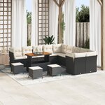 Canapé de jardin 14 pièces avec coussins noir poly rotin acacia