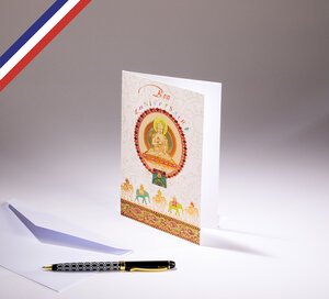 Carte double miniature créée et imprimée en france sur papier certifié pefc - bon anniversaire - bouddha et éléphants