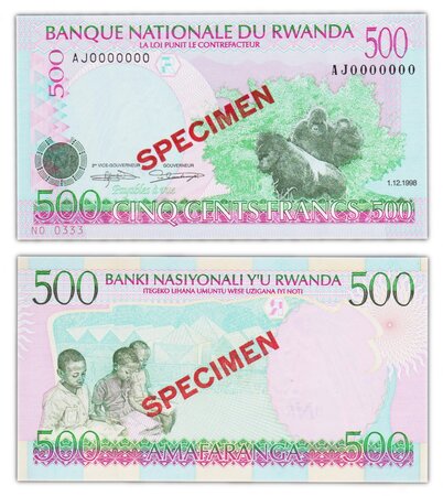 Billet de collection 500 francs 1998 rwanda - neuf - p26s specimen