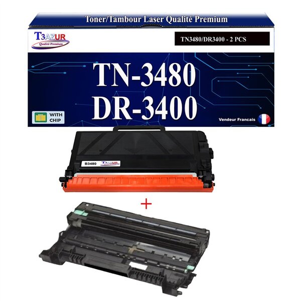 T3AZUR- Kit Tambour+Toner compatibles  avec Brother TN3480  DR3400  pour Brother HL-L5000D  HL-L5100DN  HL-L5100DNT  HL-L5100DNTT  HL-L5200DW  HL-L5200DWT  HL-L6250DN- 8 000 pages