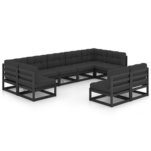 vidaXL Salon de jardin 9 Pièces avec coussins noir bois de pin massif