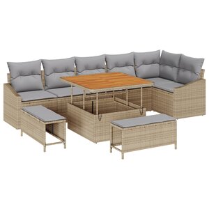 Ensemble de canapé de jardin vidaXL 9 pièces avec coussins Beige Poly Rattan Acacia