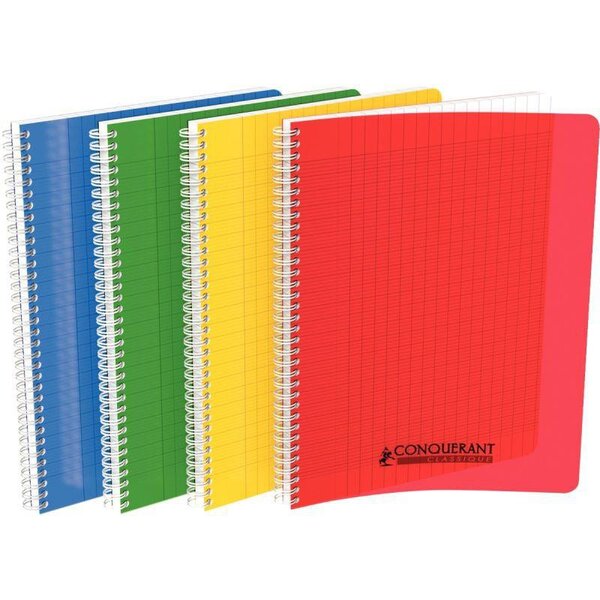 Cahier spirale 180 pages seyès 90 g avec couverture polypropylène assortie  format 21 x 29 7 cm CONQUERANT
