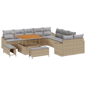 Set de canapé de jardin 13 pièces avec coussins beige Poly Rattan Acacia