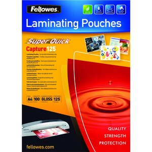 Pack 100 Pochettes plastification brillantes SUPER QUICK 250 (2x125) microns A4 FELLOWES