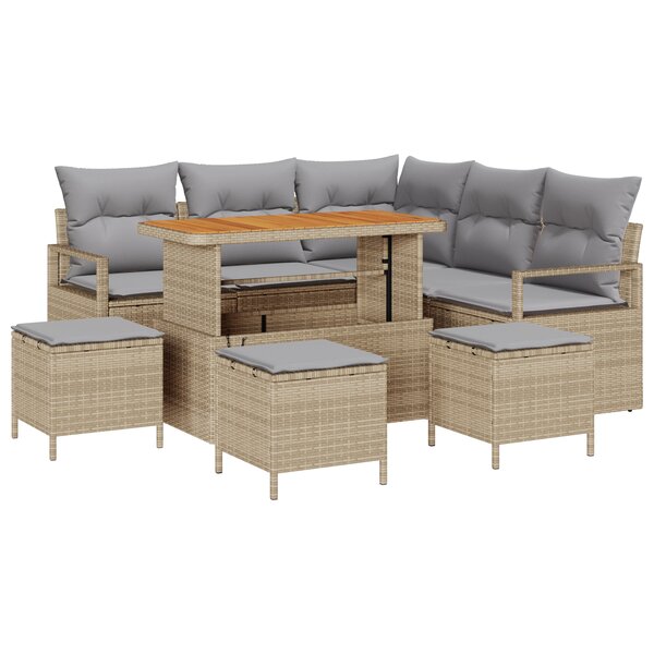 Ensemble de canapé de jardin 9 pièces avec coussins Beige Rotin Poly Acacia