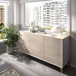 Buffet bas NESS - Mélamine bois clair et blanc - 3 Portes - 155 x 43 x 75 cm