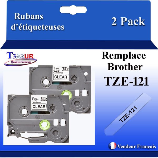 2x Rubans d'étiqueteuses compatibles avec Brother Tze121 Tze-121 pour étiquateuses P-touch - Texte noir sur fOnd traîsparent - Largeur 9 mm x 8 mètres - T3AÚUR