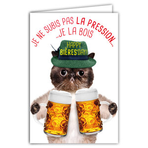 Carte Happy Bières'Day Anniversaire Humoristique avec Enveloppe Illustrée format 17 5x12cm Chat Drôle Amusant Rigolo avec des Chopes Verres à Bière Pression - Création Fabrication française 69-6206