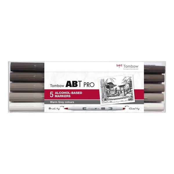 Set de 5 Marqueurs Base Alcool Double Pointe ABT PRO couleurs gris chaud TOMBOW