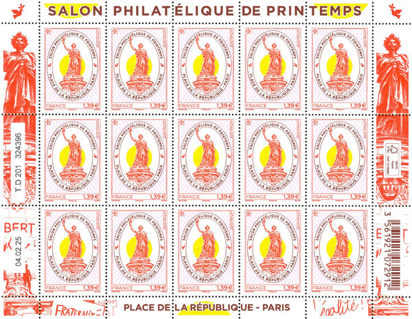 Feuille de 15 timbres- Salon philatélique de printemps - Place de la République - Paris - Lettre verte