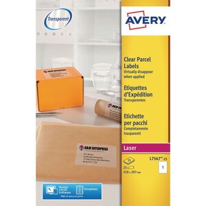 Étiquettes pour lot adaptées aux imprimantes laser 210 x 297 mm 25 feuilles 1 étiquette par feuille auto-adhésives transparentes (paquet 25 unités)