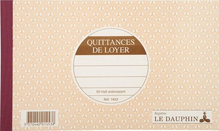 Carnet quittance de loyer à souche 12,5x21cm 50 feuillets autocopiants tripli x 5 LE DAUPHIN