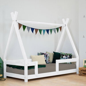 Lit Tipi enfant avec barrière bois massif blanc 140 x 200 cm
