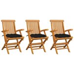 vidaXL Chaises de jardin avec coussins noir 3 Pièces Bois de teck massif