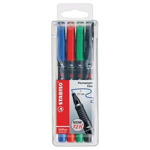 OHPen universal Stylo-feutre marqueur permanent pointe fine 0,7 mm - Pochette de 4 coloris assortis (paquet 4 unités)
