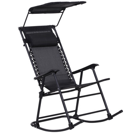 Fauteuil à bascule rocking chair pliable de jardin dim. 105L x 64l x 125H cm tétière + pare-soleil inclus acier époxy textilène noir