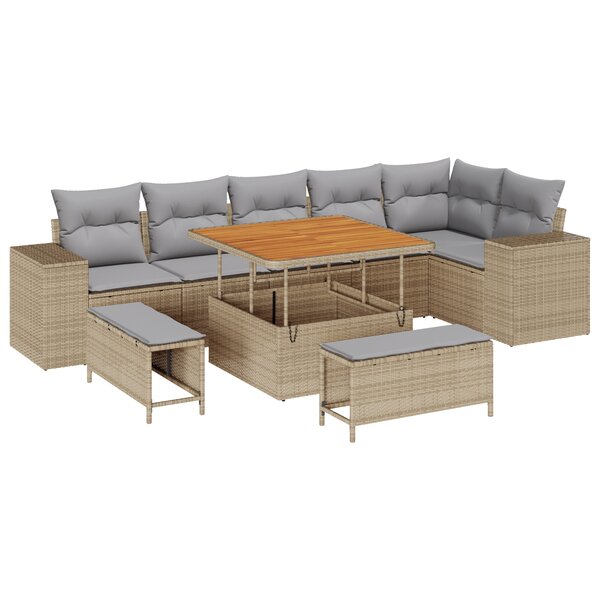 Ensemble de Canapé de Jardin 9 pièces avec coussins en Rattan Poly Beige Acacia