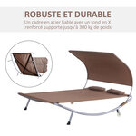 Bain de soleil 2 places lit de jardin design contemporain toit réglable 2 roulettes 2 oreillers acier époxy polyester marron foncé