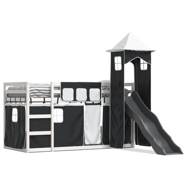 vidaXL Lit superposé avec toboggan et rideaux blanc et noir 90x200 cm