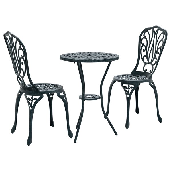 Ensemble de jardin bistro 3 pièces vert en aluminium style fonte