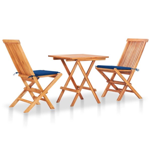 vidaXL Ensemble de bistro 3 Pièces avec coussins bleu royal Bois de teck