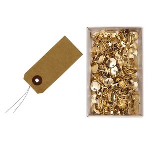 40 étiquettes kraft fil métal 9 x 4 cm + 150 punaises dorées