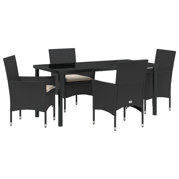 Ensemble de salle à manger de jardin 5 pièces avec coussins en rotin noir