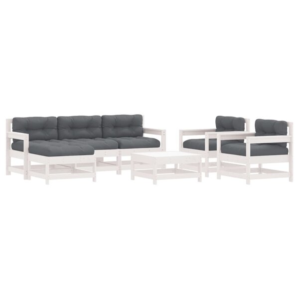 vidaXL Salon de jardin 7 Pièces avec coussins blanc bois massif