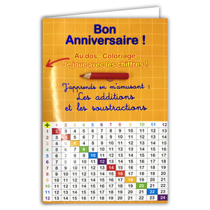 67-1102-B Carte Pédagogique Bon Anniversaire Coloriage Magique Jeu avec Crayon de couleur aléatoire et Enveloppe Jaune J'apprends en m'amusant Additions Soustractions pour Enfants CP CE1 dès 5 6 7 ans