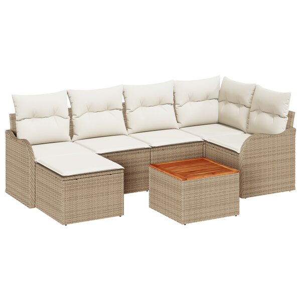 Ensemble de Canapé de Jardin 7 pièces avec Coussins Beige Poly Rotin Acacia