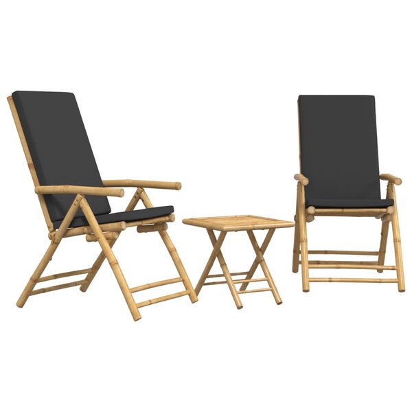vidaXL Ensemble de bistro pliante 3 Pièces et coussins gris foncé bambou