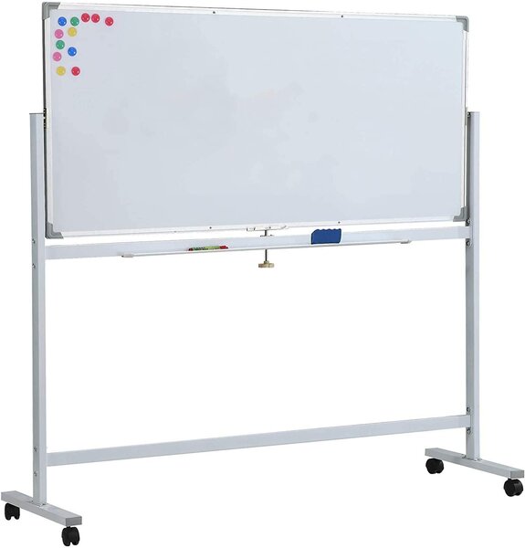 Tableau magnétique blanc à roulettes double face effaçable cadre en aluminium 120 x 60 cm incluant aimants marqueurs rigole panneau magnétique aimanté 01_0000304