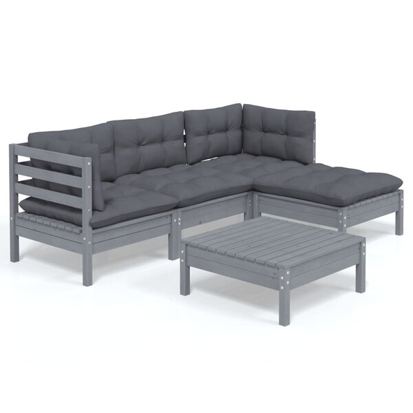 vidaXL Salon de jardin 5 Pièces avec coussins Gris Bois de pin