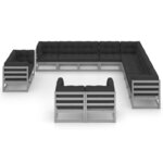 vidaXL Salon de jardin 13 Pièces avec coussins Gris Bois de pin massif