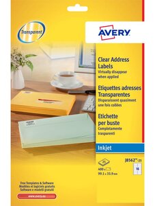 J8562-25 - 400 étiquettes d'adressage transparentes adhésives personnalisables. 99,1x33... Avery