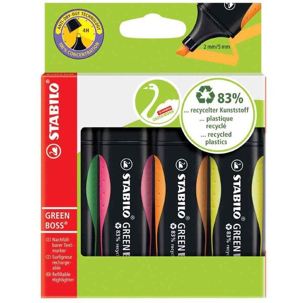 Étui carton de 4 surligneurs green boss pointe biseautée 2-5 mm couleurs assorties x 5 stabilo