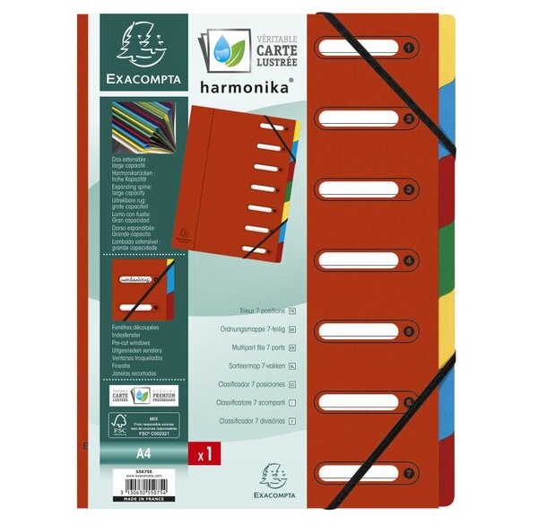 Trieur Harmonika, A4, 7 compartiments, rouge EXACOMPTA