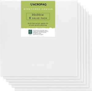 ACROPAQ lot 6 toiles à Peindre tendues avec châssis 30x30 cm- Surface en Coton de qualité supérieure 280 g/m²- FSC sans acide