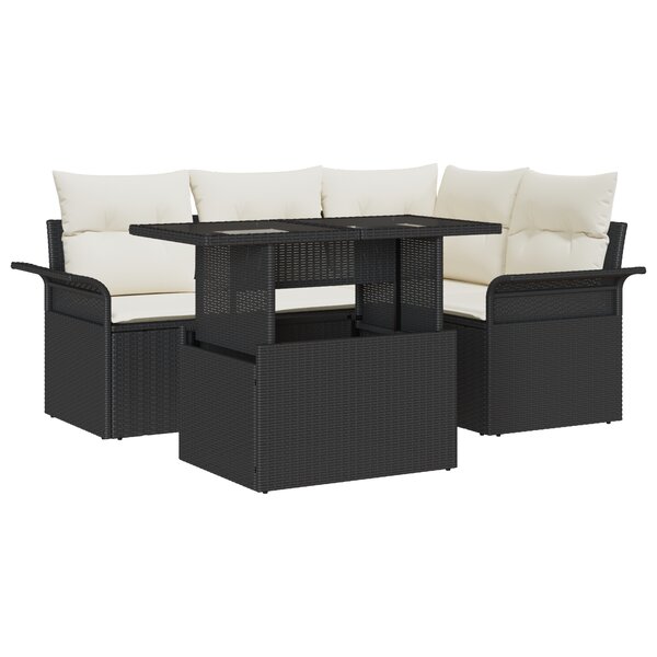 Ensemble de canapé de jardin 5 pièces avec coussins noir rotin poly