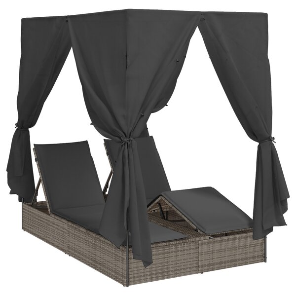 Transat double vidaXL avec toit et rideaux en poly rattan gris