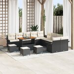 Ensemble de canapé de jardin de 14 pièces avec coussins Noir Poly Rattan Acacia