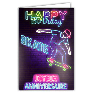 Carte FLUO Texte NÉON Happy Birthday Skateboard Skateur Avec Enveloppe 12x17,5cm