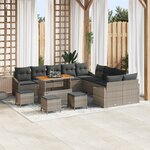 Canapé de jardin 14 pièces avec coussins gris poly rotin acacia