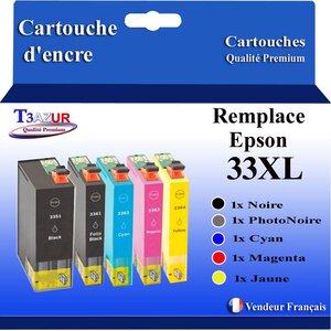 T3AZUR - 5x Cartouches Compatibles avec Epson 33XL 33 XL remplace Epson Expression Premium XP-530 XP-540 XP-630 XP-635 XP-640 XP-645 XP-7100 XP-830 XP-900