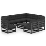 vidaXL Salon de jardin 10 Pièces avec coussins Noir Bois de pin massif