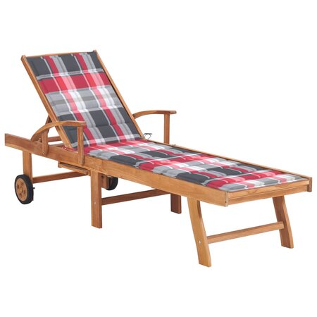 vidaXL Chaise longue avec coussin à carreaux rouge Bois de teck solide
