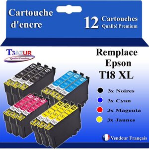 T3AZUR- 12x Cartouches Compatibles avec Epson 18XL 18 XL remplace Epson Expression Home XP-102 XP-202 XP-205 XP-212 XP-215