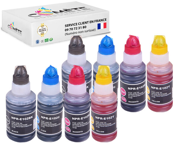 8 recharges 102 compatibles pour imprimantes epson ecotank - 2 noir + 2 cyan + 2 magenta + 2 jaune