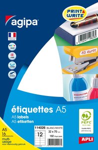 Etiquettes blanches 16 feuilles A5 32 x 70 mm 192 pièces